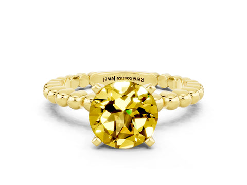 Yellow gold Round Cut Yellow Sapphire Solitaire Ring with Beaded Band and Prong Setting