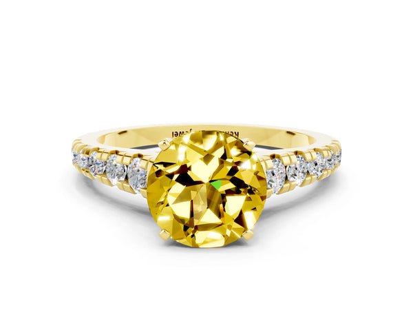 Yellow gold Round Cut Yellow Sapphire Cathedral Solitaire Ring with Round  Pavé Band