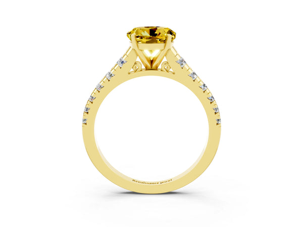 Yellow gold Round Cut Yellow Sapphire Cathedral Solitaire Ring with Round  Pavé Band