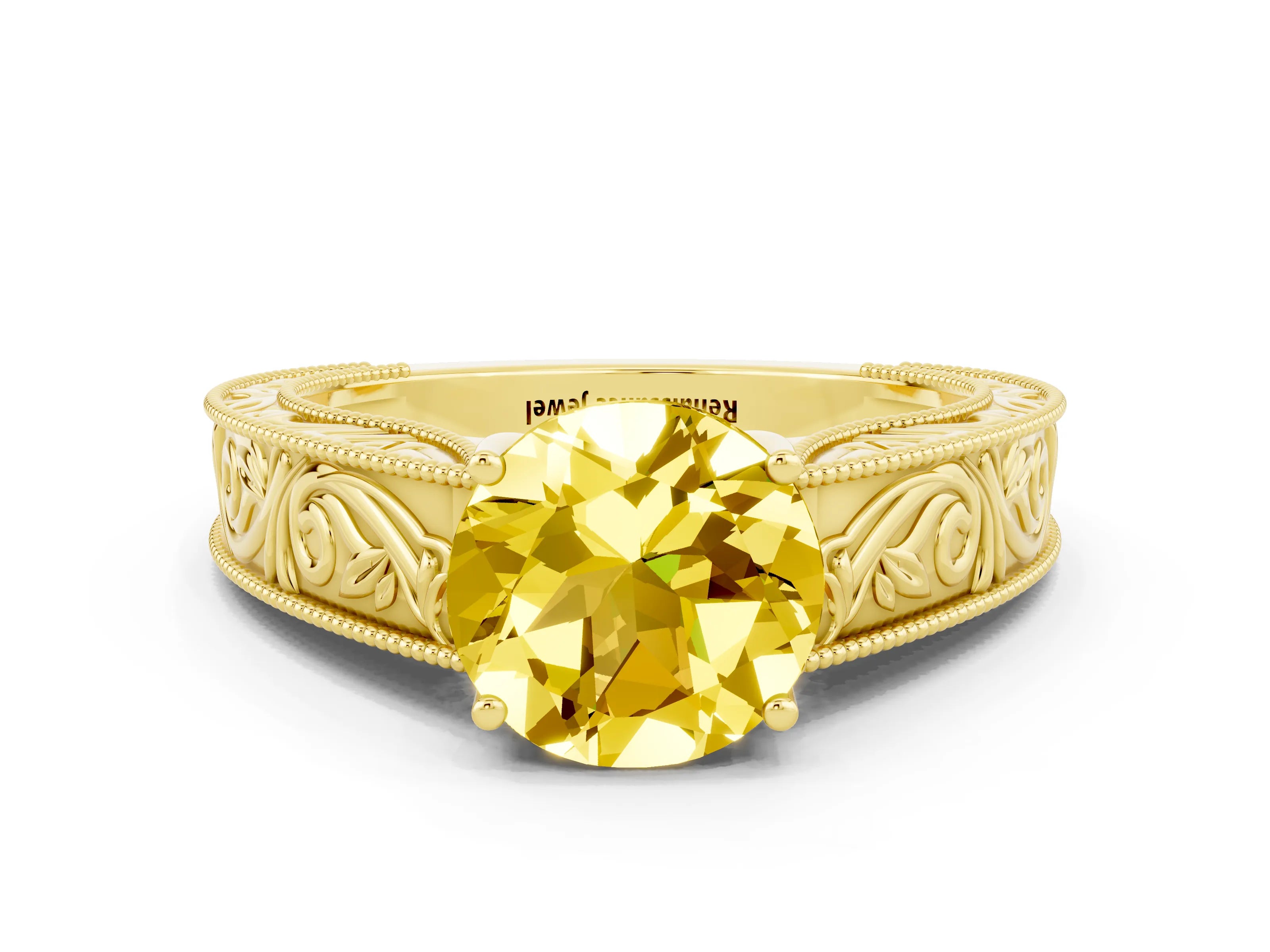 Yellow gold Round Cut Yellow Sapphire Solitaire Ring with Engraved Band and Four-Prong Setting