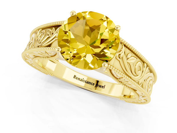 Yellow gold Round Cut Yellow Sapphire Solitaire Ring with Engraved Band and Four-Prong Setting