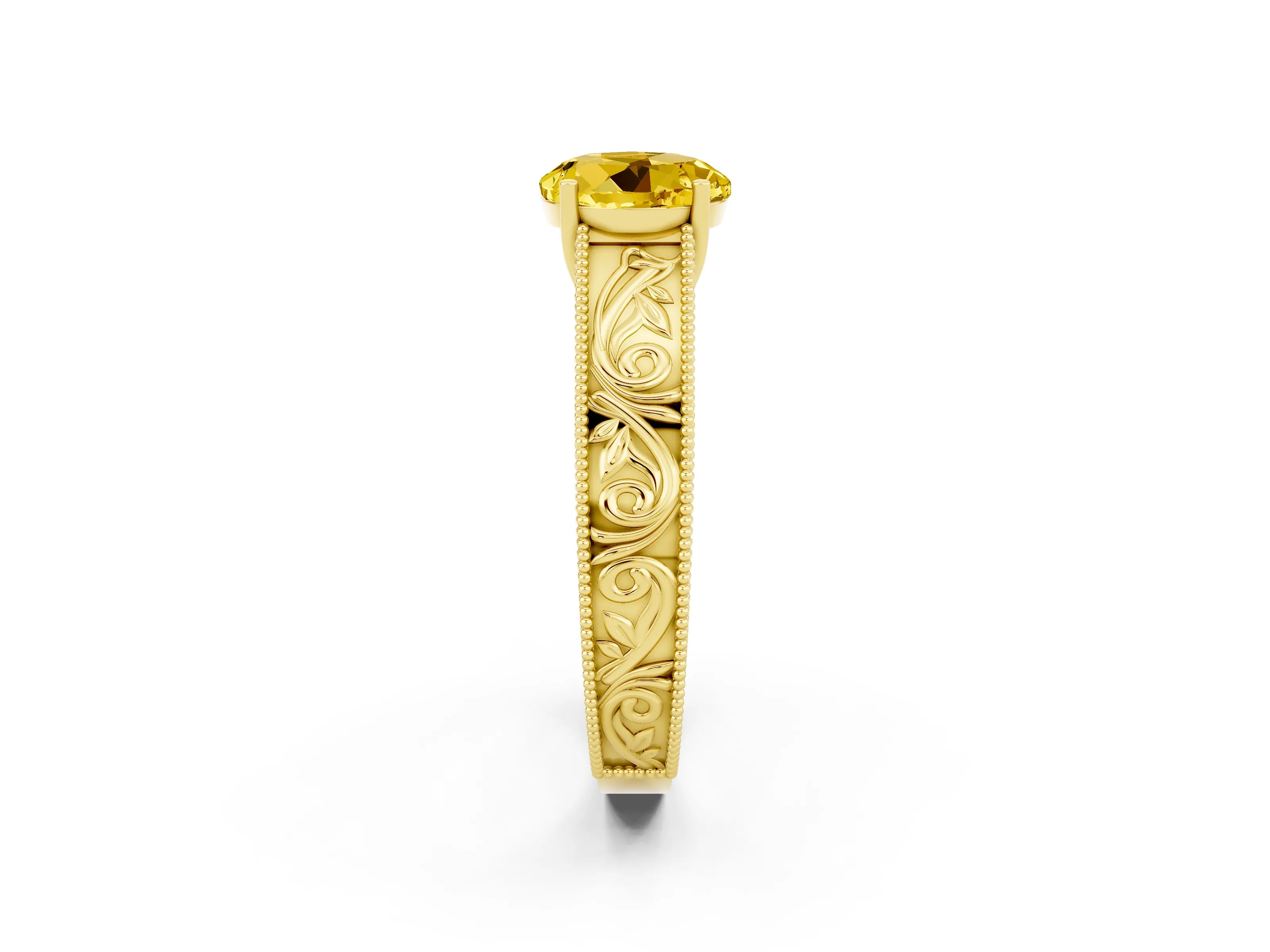 Yellow gold Round Cut Yellow Sapphire Solitaire Ring with Engraved Band and Four-Prong Setting_2