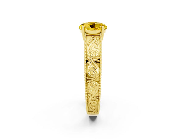Yellow gold Round Cut Yellow Sapphire Solitaire Ring with Engraved Band and Four-Prong Setting