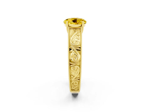 Yellow gold Round Cut Yellow Sapphire Solitaire Ring with Engraved Band and Four-Prong Setting_2