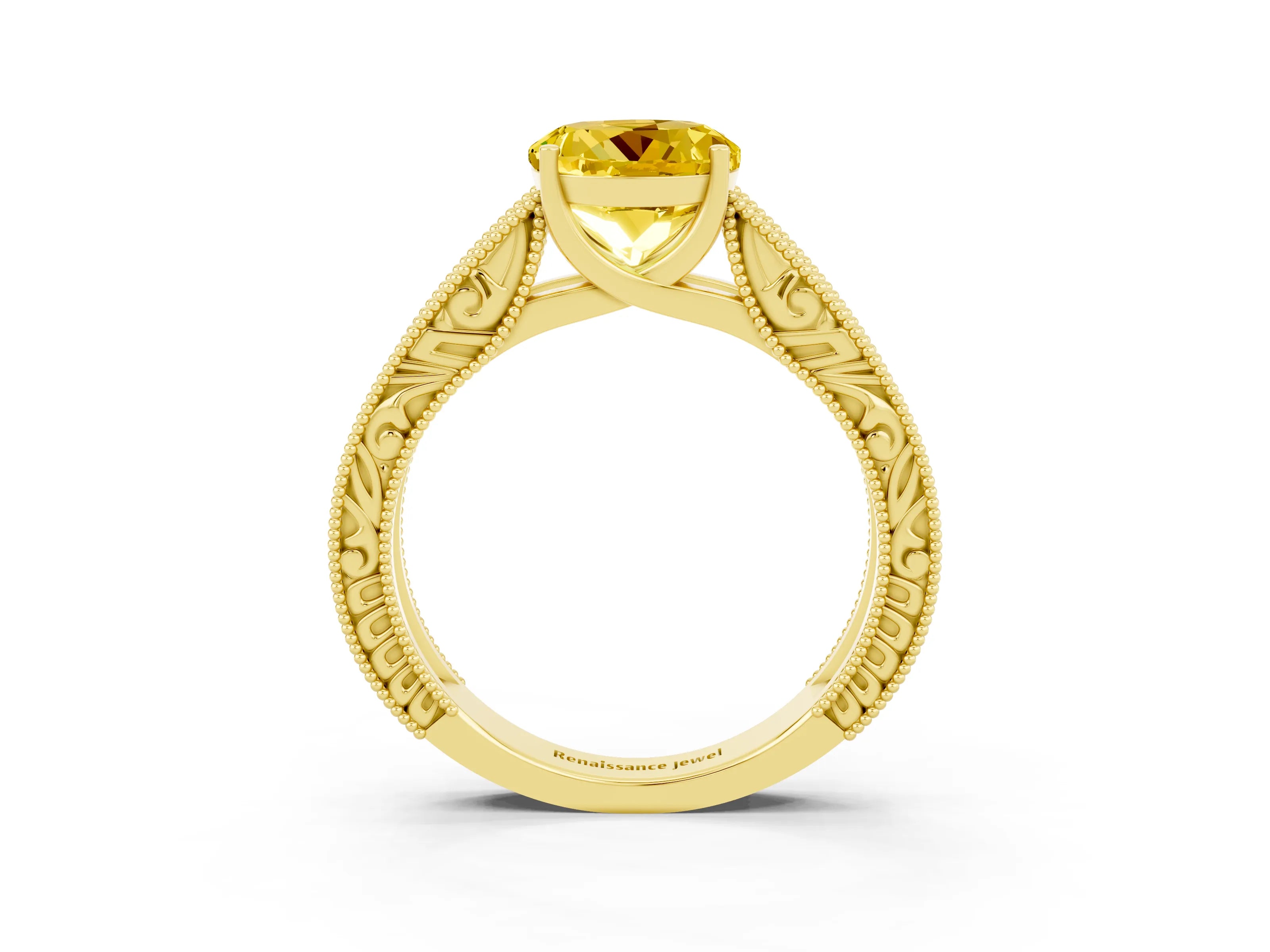 Yellow gold Round Cut Yellow Sapphire Solitaire Ring with Engraved Band and Four-Prong Setting_3