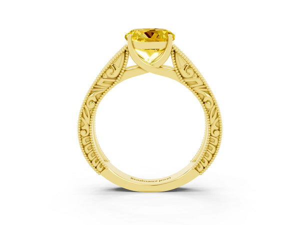 Yellow gold Round Cut Yellow Sapphire Solitaire Ring with Engraved Band and Four-Prong Setting