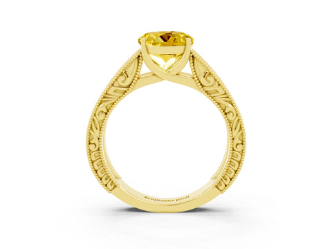 Yellow gold Round Cut Yellow Sapphire Solitaire Ring with Engraved Band and Four-Prong Setting_3