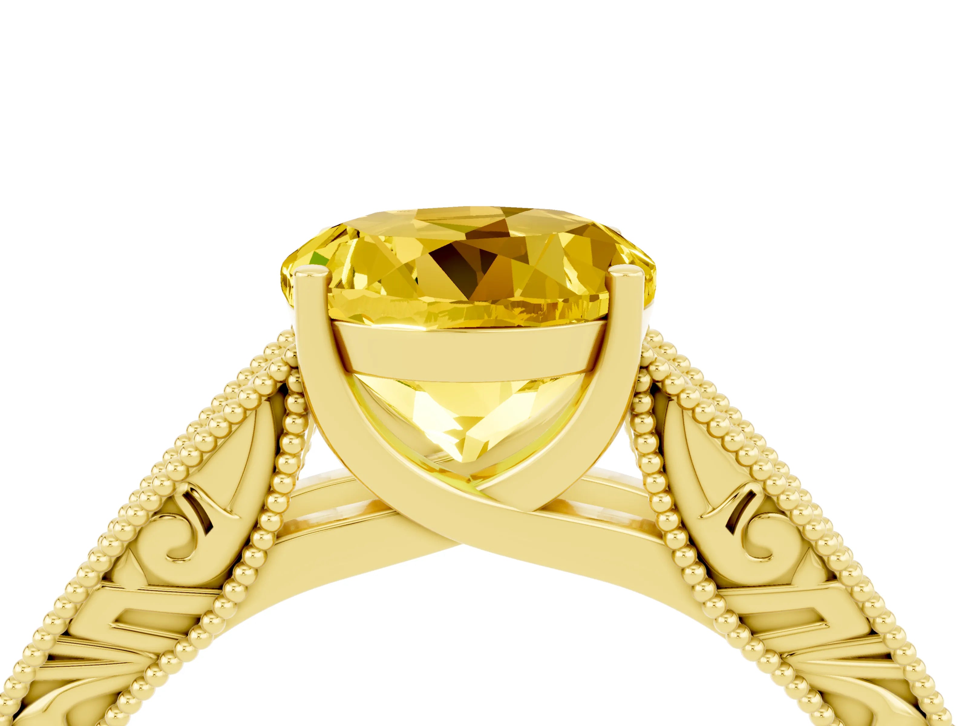 Yellow gold Round Cut Yellow Sapphire Solitaire Ring with Engraved Band and Four-Prong Setting_4