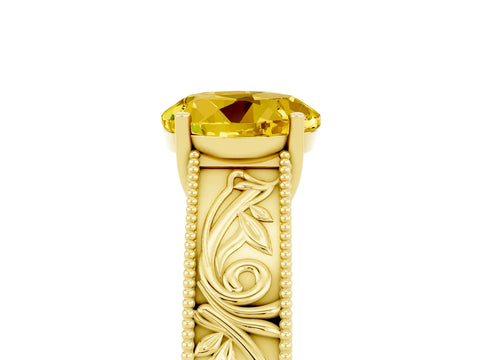 Yellow gold Round Cut Yellow Sapphire Solitaire Ring with Engraved Band and Four-Prong Setting_5