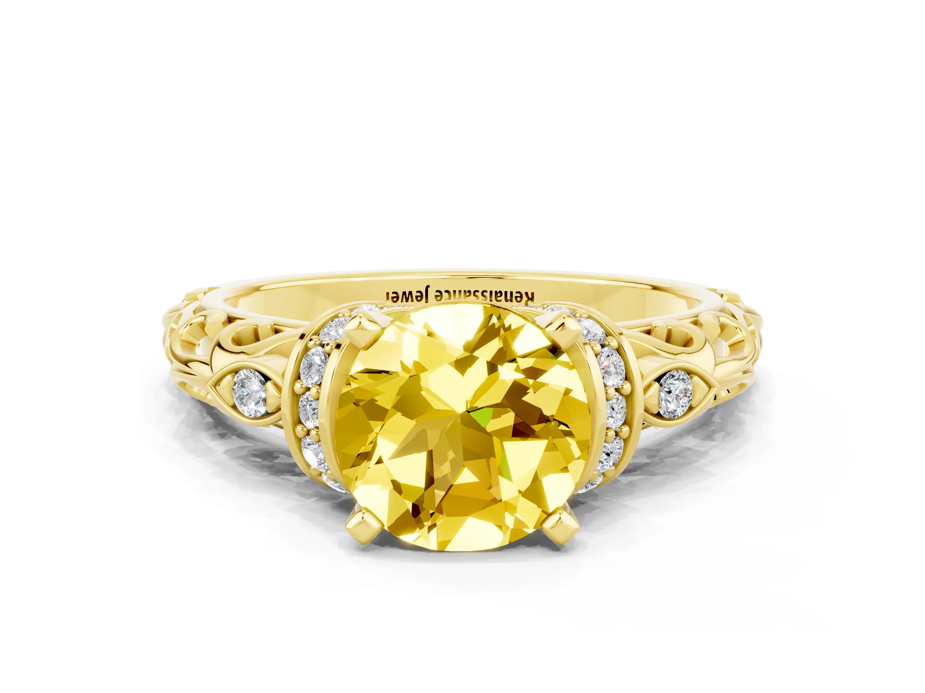 Yellow gold Round Cut Yellow Sapphire Solitaire Ring with Filigree Band and Four-Prong Setting_48