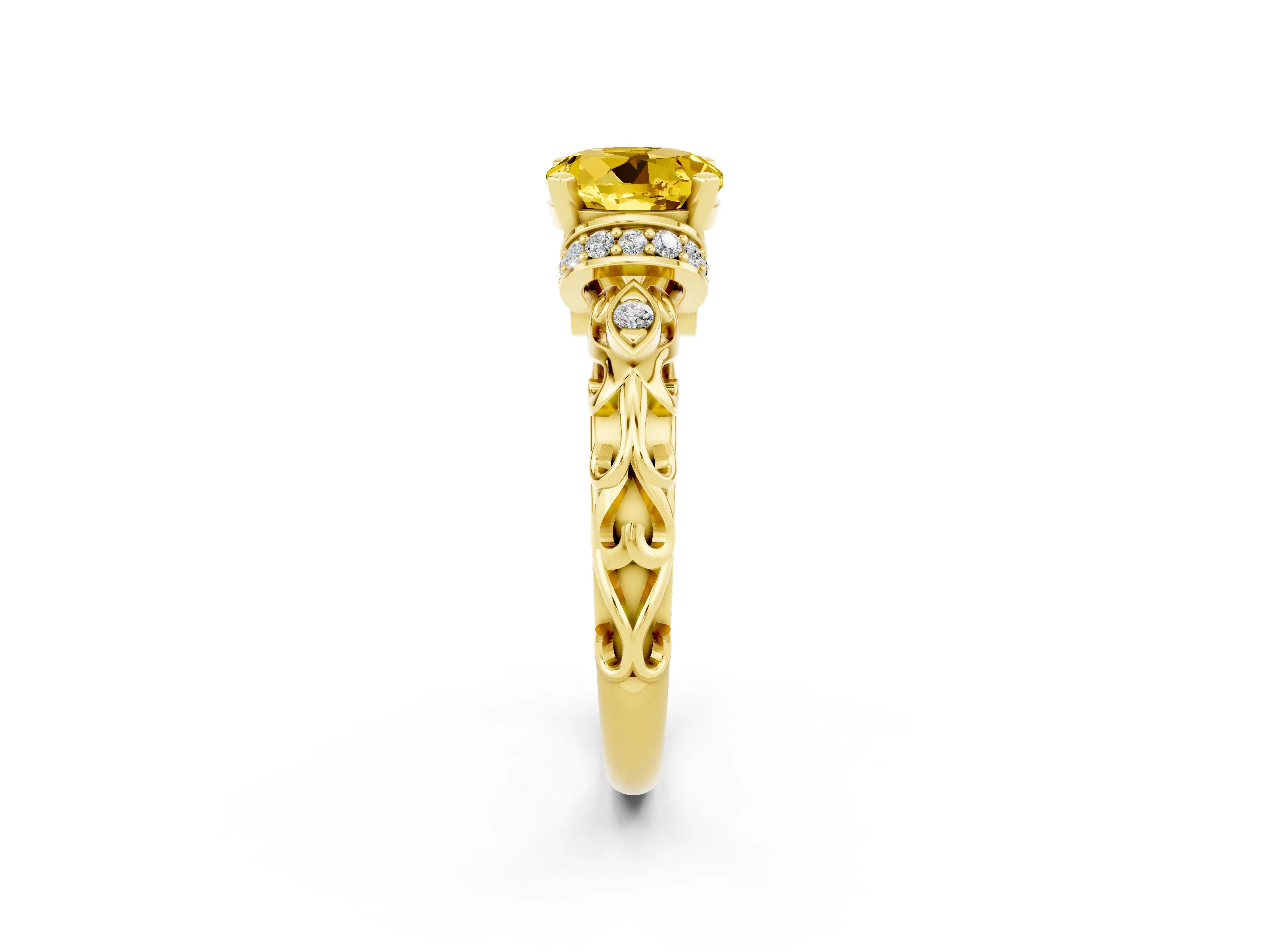Yellow gold Round Cut Yellow Sapphire Solitaire Ring with Filigree Band and Four-Prong Setting_50