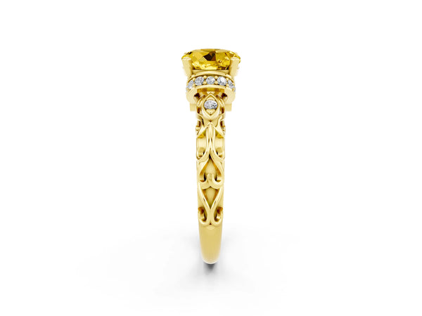 Yellow gold Round Cut Yellow Sapphire Solitaire Ring with Filigree Band and Four-Prong Setting