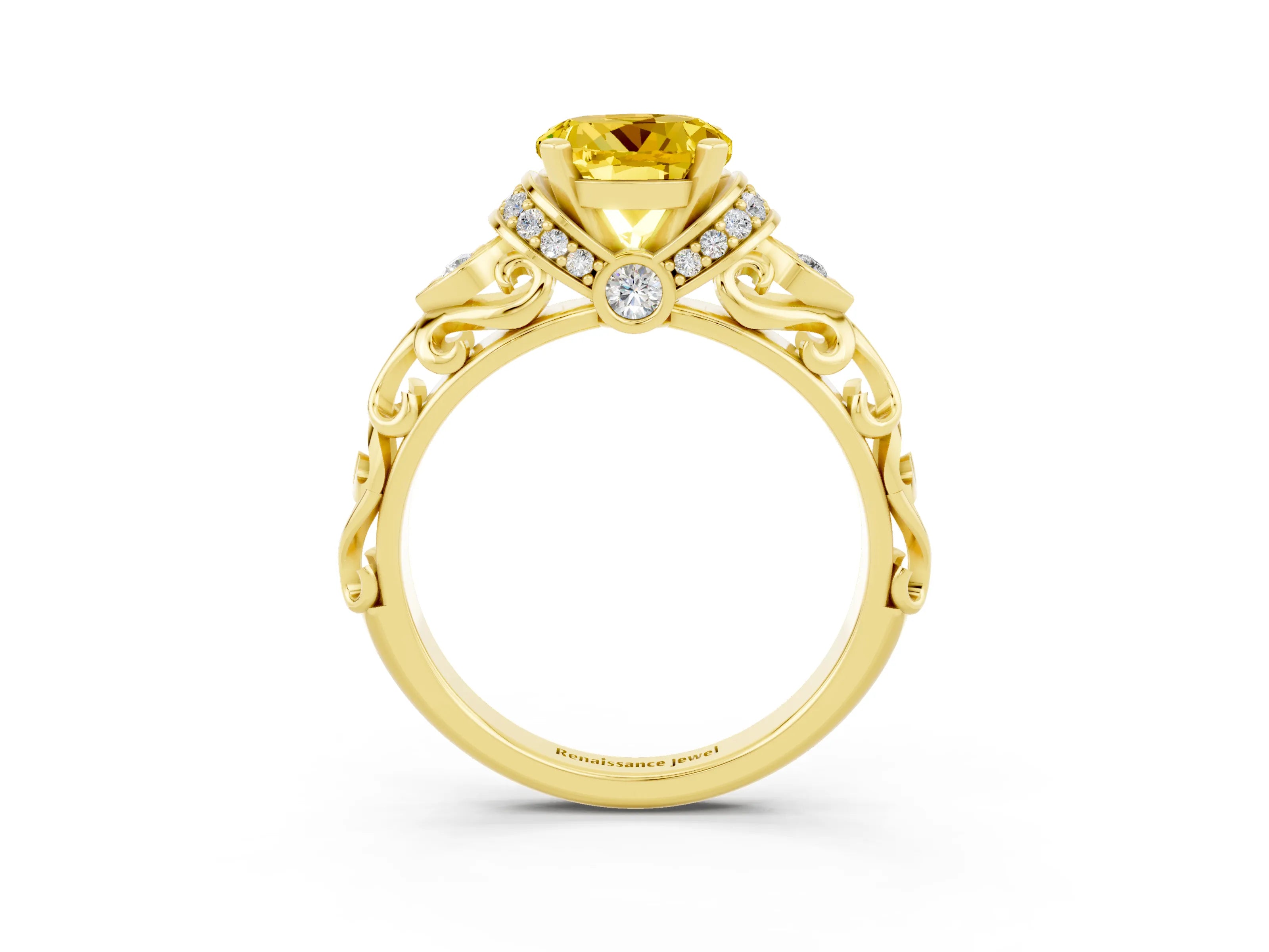 Yellow gold Round Cut Yellow Sapphire Solitaire Ring with Filigree Band and Four-Prong Setting_51