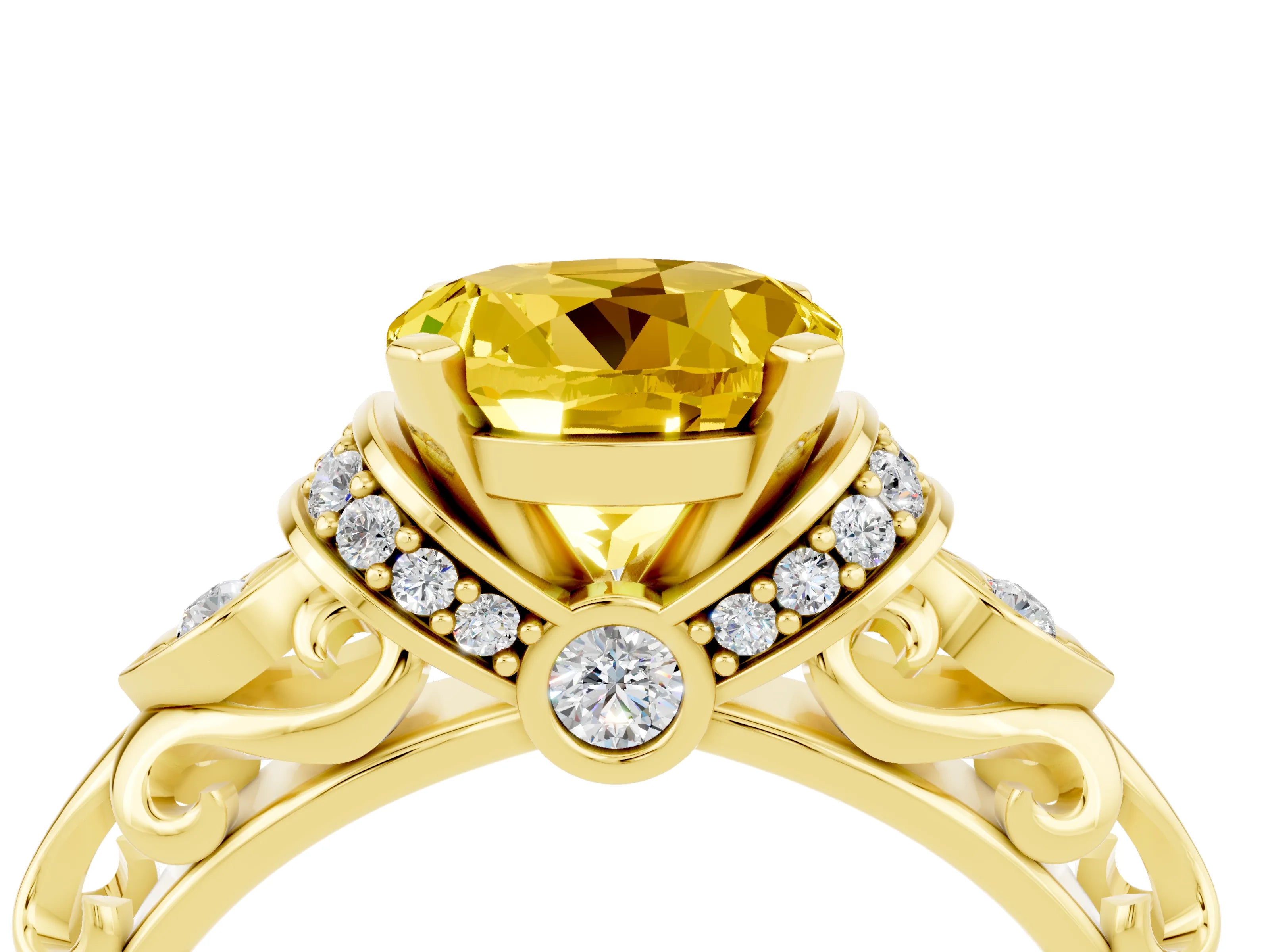 Yellow gold Round Cut Yellow Sapphire Solitaire Ring with Filigree Band and Four-Prong Setting_52