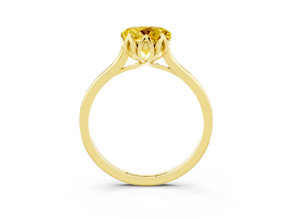 Yellow gold Round Cut Yellow Sapphire Solitaire Ring with Flower Prong Setting and Classic Band