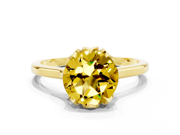Yellow gold Round Cut Yellow Sapphire Solitaire Ring with Flower Prong Setting and Classic Band