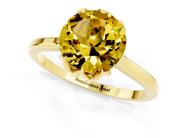 Yellow gold Round Cut Yellow Sapphire Solitaire Ring with Flower Prong Setting and Classic Band