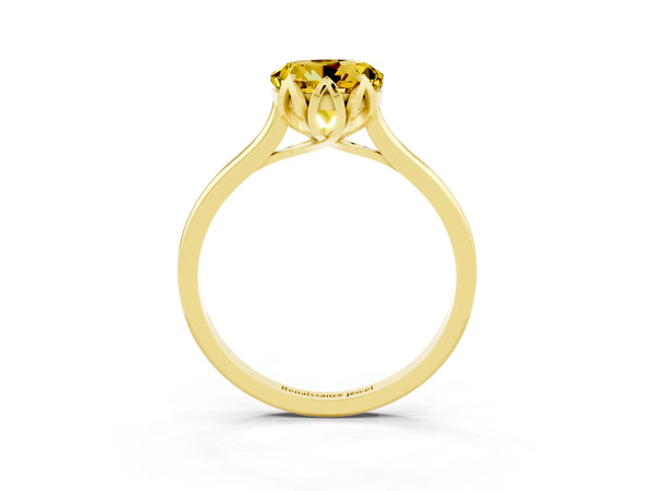 Yellow gold Round Cut Yellow Sapphire Solitaire Ring with Flower Prong Setting and Classic Band