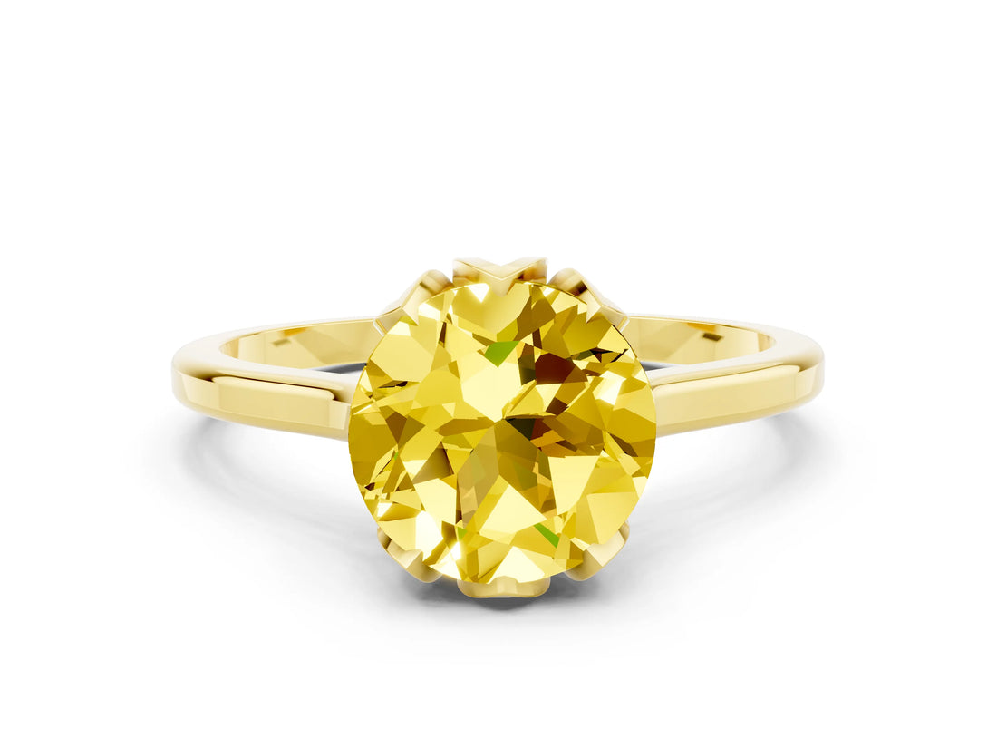 Yellow gold Round Cut Yellow Sapphire Solitaire Ring with Flower Prong Setting and Classic Band_36