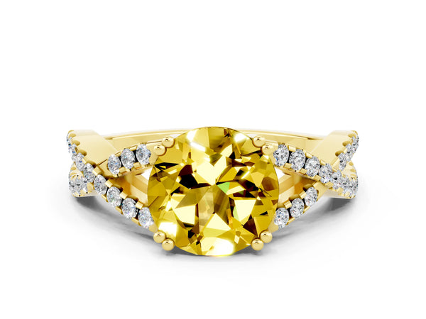 Yellow gold Round Cut Yellow Sapphire Solitaire Ring with Four-Prong Setting and Twisted Pavé Band