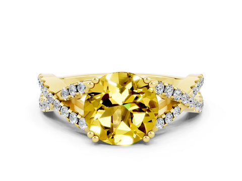 Yellow gold Round Cut Yellow Sapphire Solitaire Ring with Four-Prong Setting and Twisted Pavé Band_12