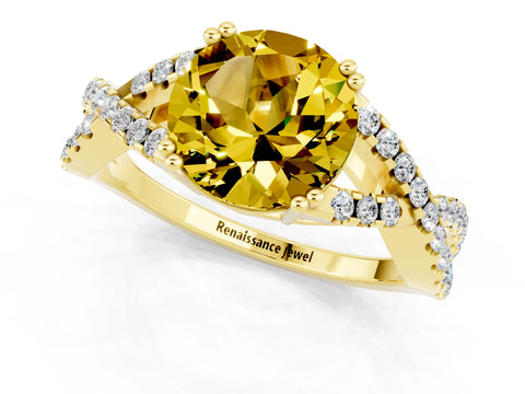 Yellow gold Round Cut Yellow Sapphire Solitaire Ring with Four-Prong Setting and Twisted Pavé Band_13