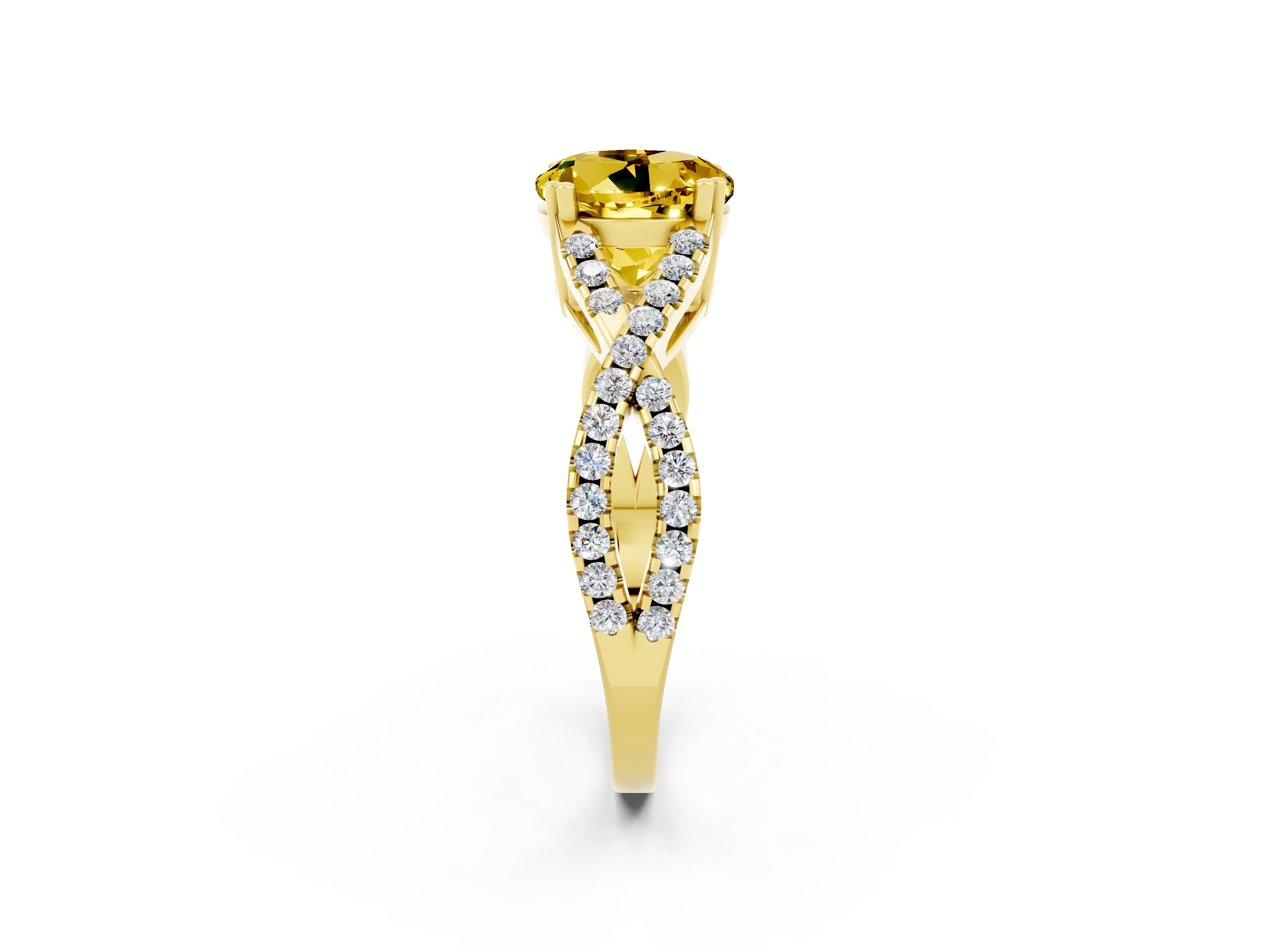 Yellow gold Round Cut Yellow Sapphire Solitaire Ring with Four-Prong Setting and Twisted Pavé Band_14