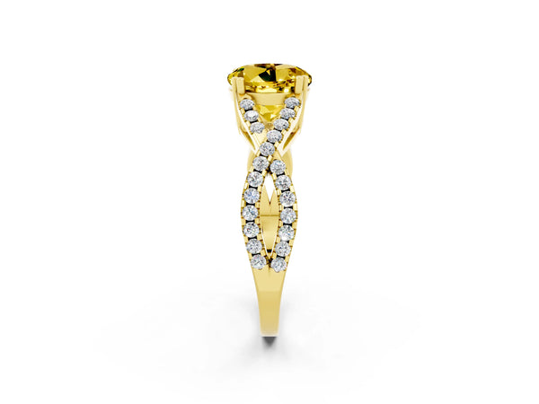 Yellow gold Round Cut Yellow Sapphire Solitaire Ring with Four-Prong Setting and Twisted Pavé Band