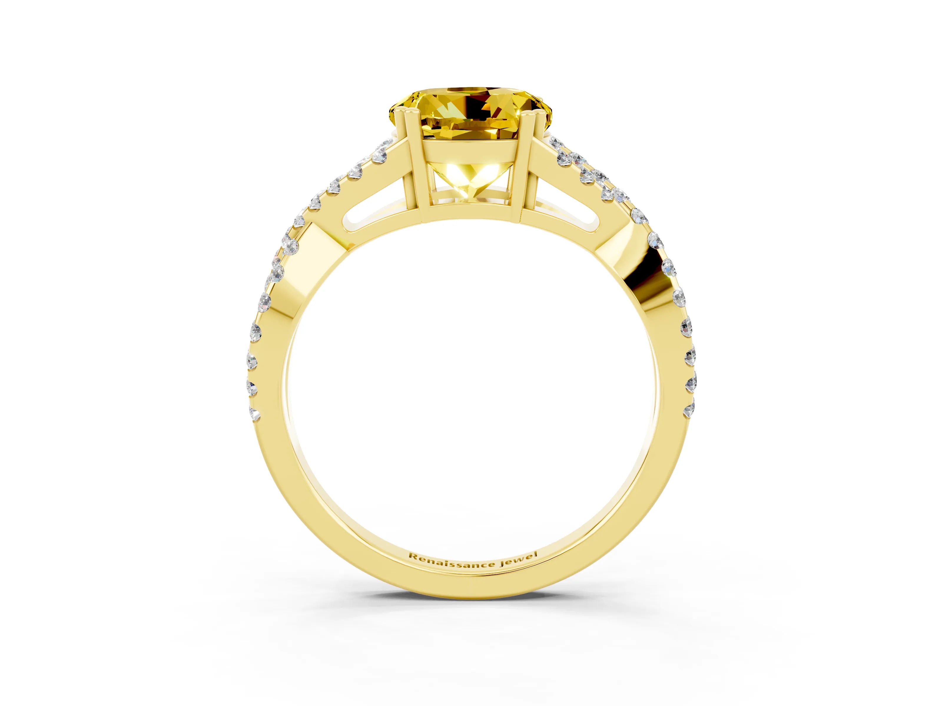 Yellow gold Round Cut Yellow Sapphire Solitaire Ring with Four-Prong Setting and Twisted Pavé Band_15