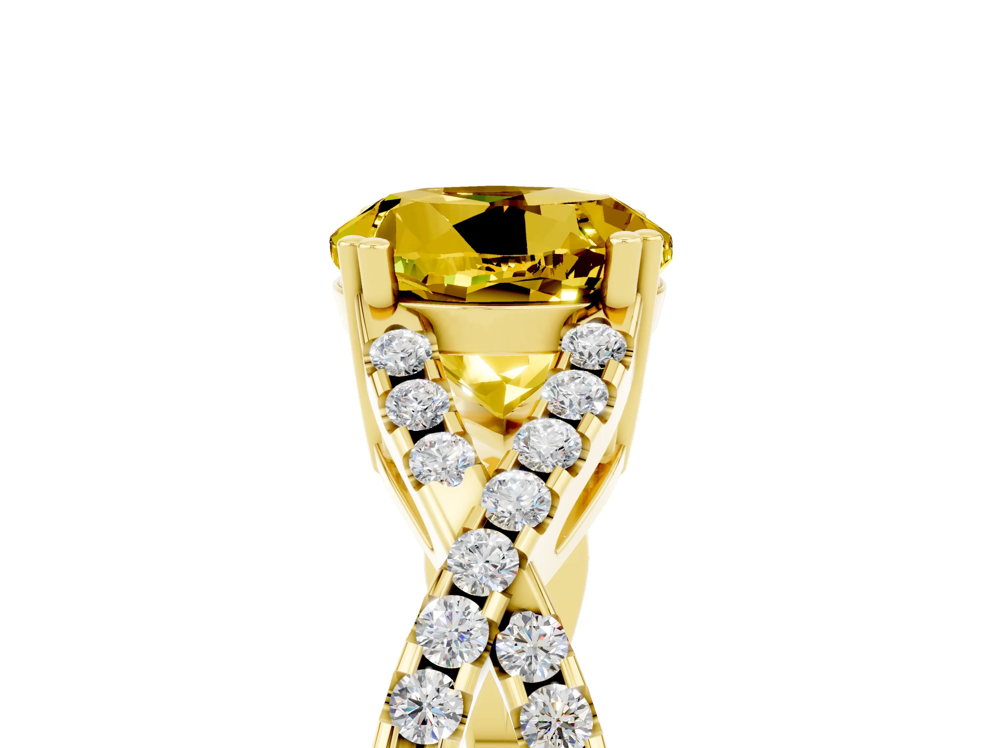 Yellow gold Round Cut Yellow Sapphire Solitaire Ring with Four-Prong Setting and Twisted Pavé Band_17