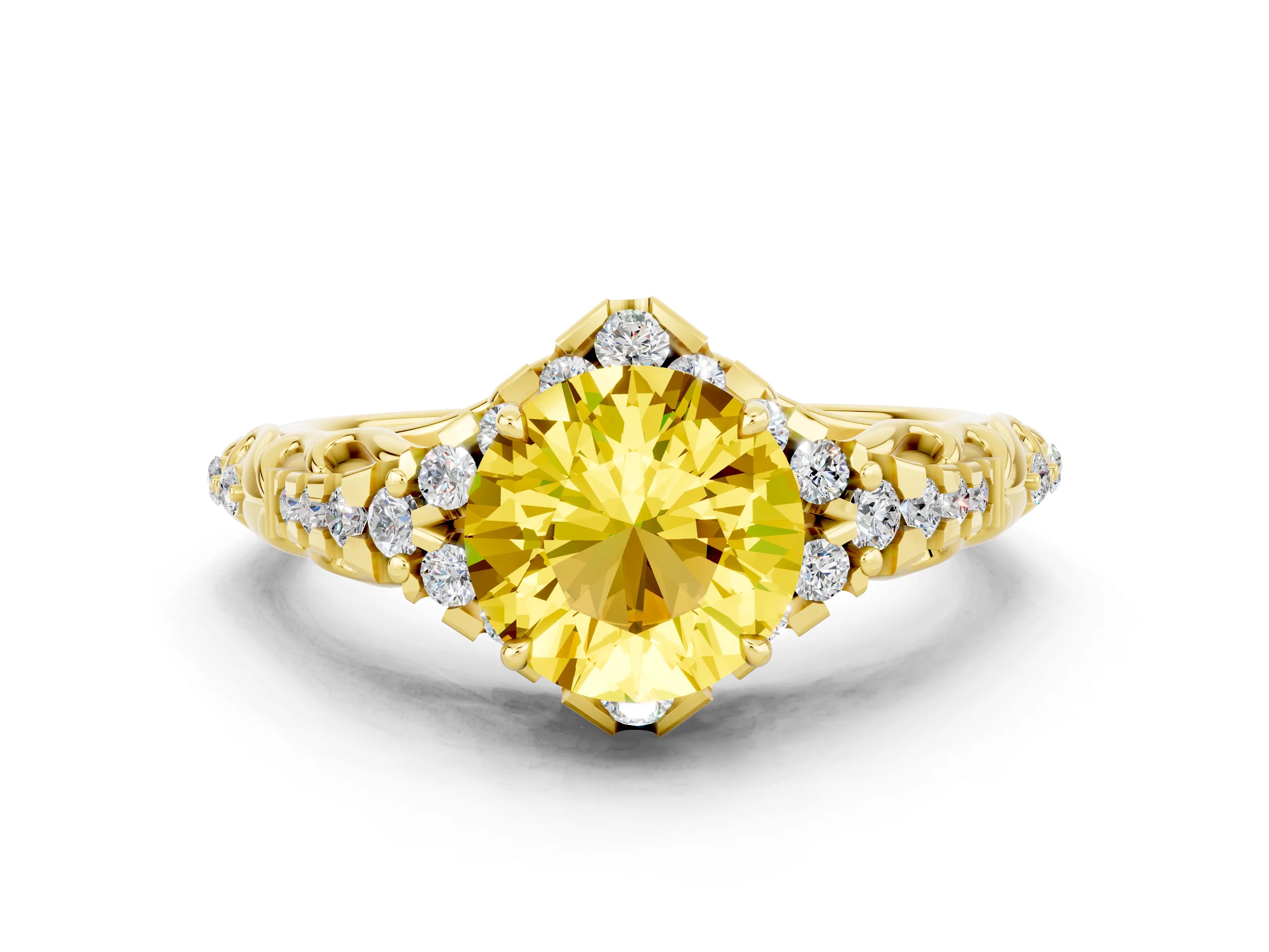 Yellow gold Round Cut Yellow Sapphire Solitaire Ring with Hidden Halo and Pavé Band_12