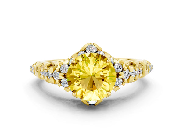 Yellow gold Round Cut Yellow Sapphire Solitaire Ring with Hidden Halo and Pavé Band