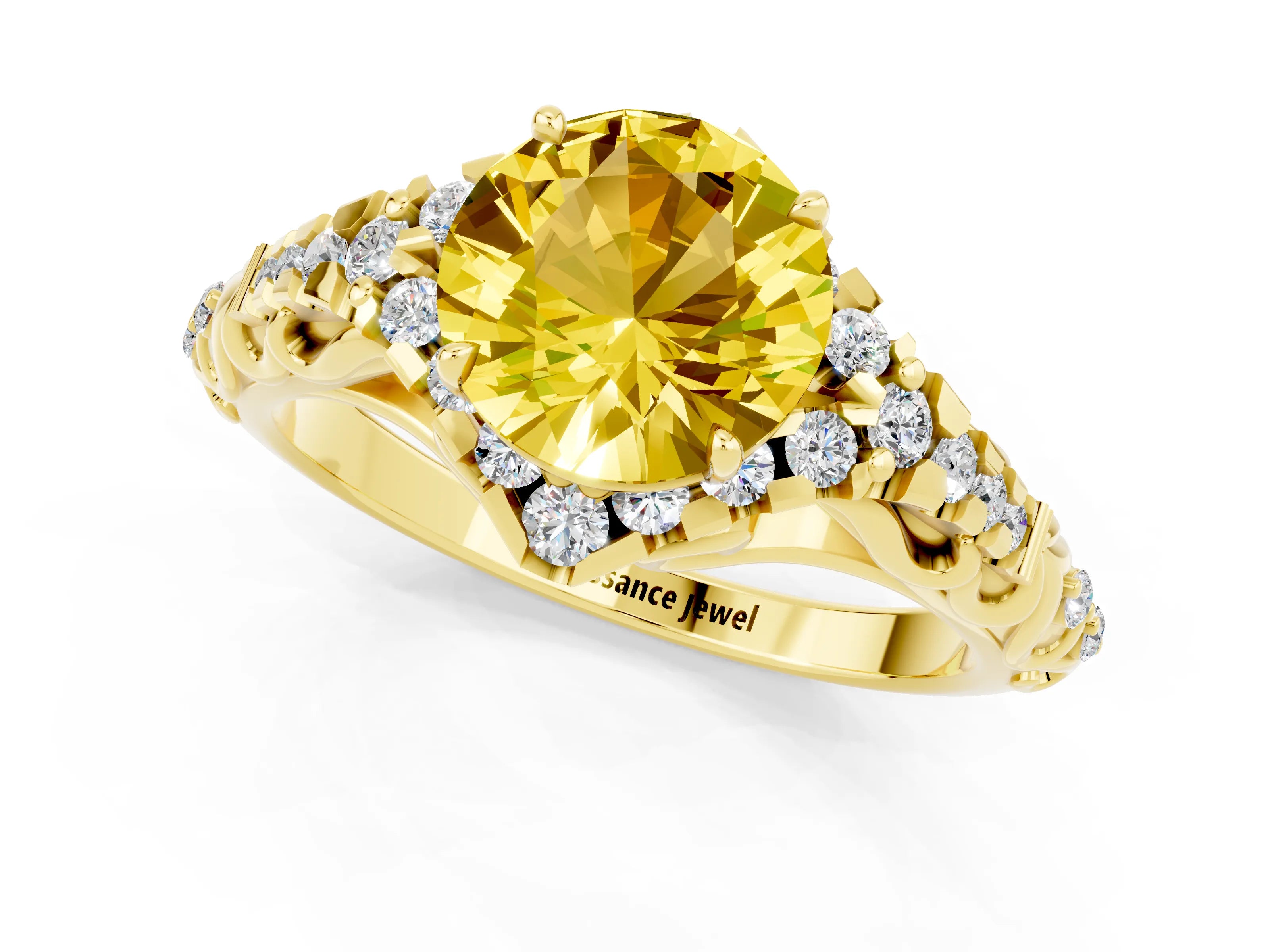 Yellow gold Round Cut Yellow Sapphire Solitaire Ring with Hidden Halo and Pavé Band_13