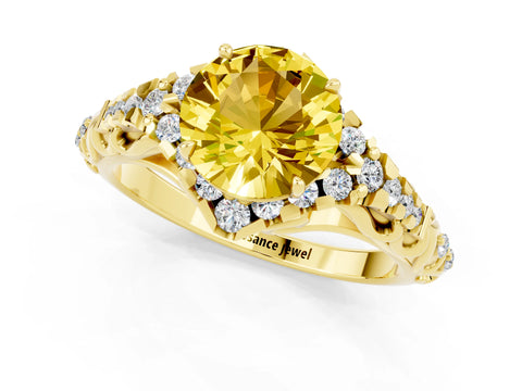 Yellow gold Round Cut Yellow Sapphire Solitaire Ring with Hidden Halo and Pavé Band_13