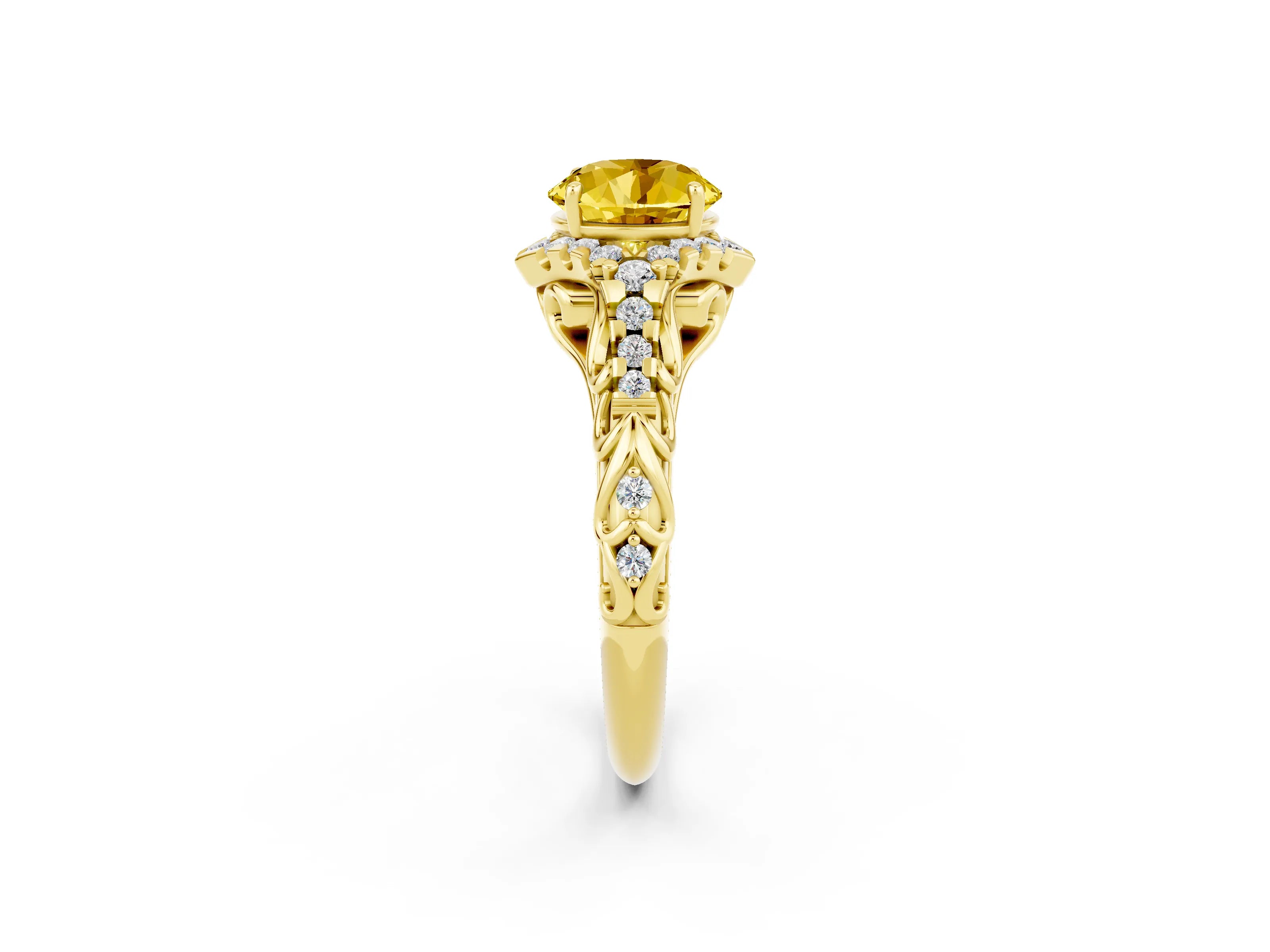 Yellow gold Round Cut Yellow Sapphire Solitaire Ring with Hidden Halo and Pavé Band_14