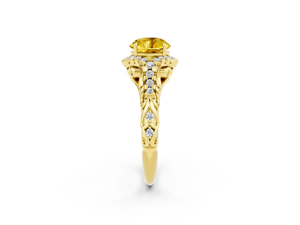 Yellow gold Round Cut Yellow Sapphire Solitaire Ring with Hidden Halo and Pavé Band