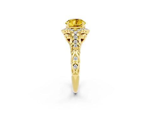 Yellow gold Round Cut Yellow Sapphire Solitaire Ring with Hidden Halo and Pavé Band_14