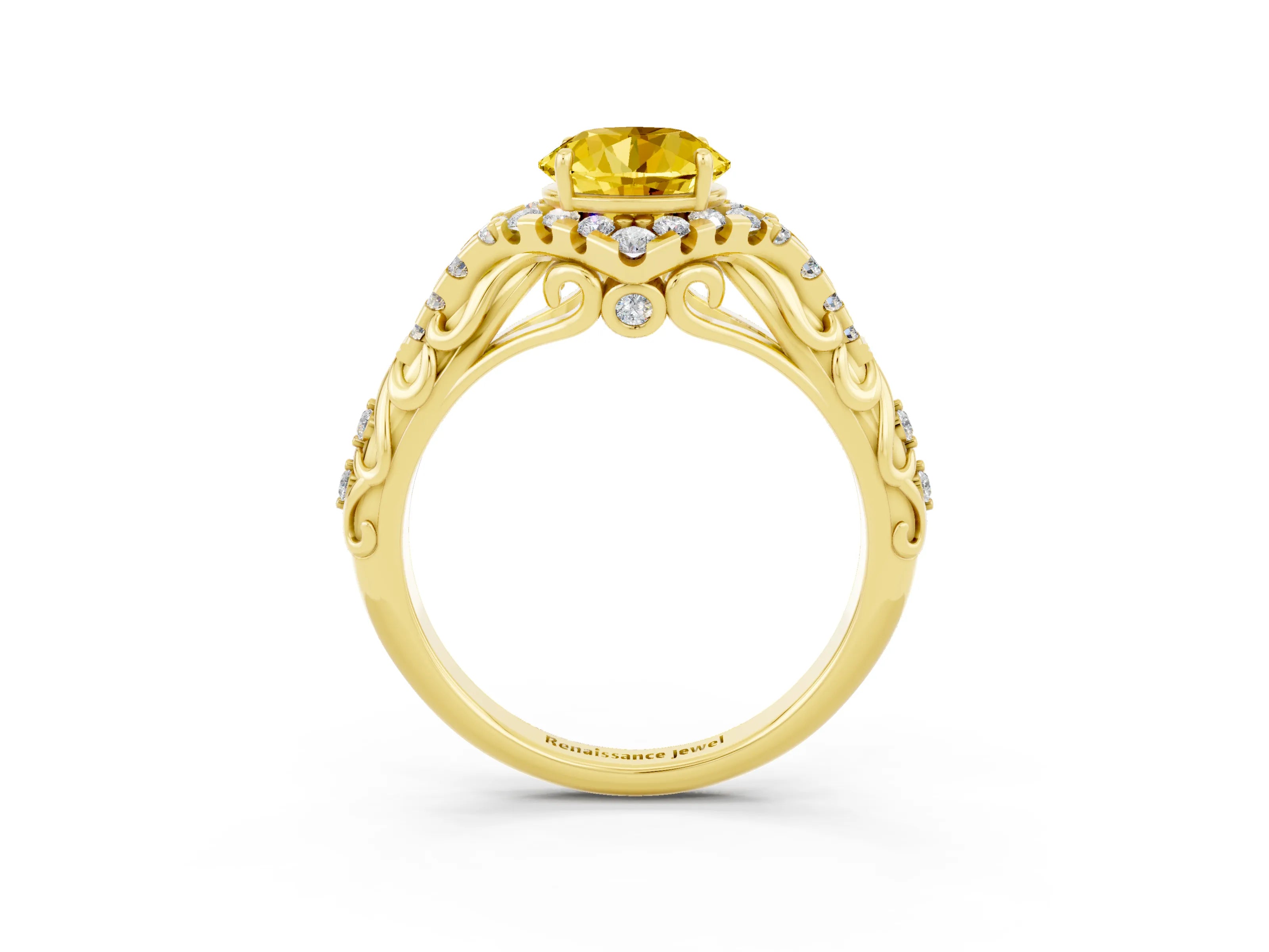Yellow gold Round Cut Yellow Sapphire Solitaire Ring with Hidden Halo and Pavé Band_15