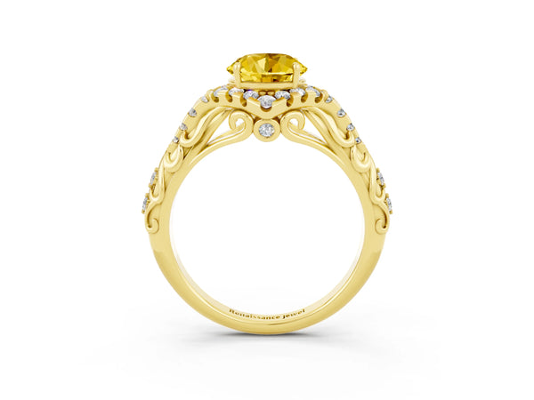 Yellow gold Round Cut Yellow Sapphire Solitaire Ring with Hidden Halo and Pavé Band