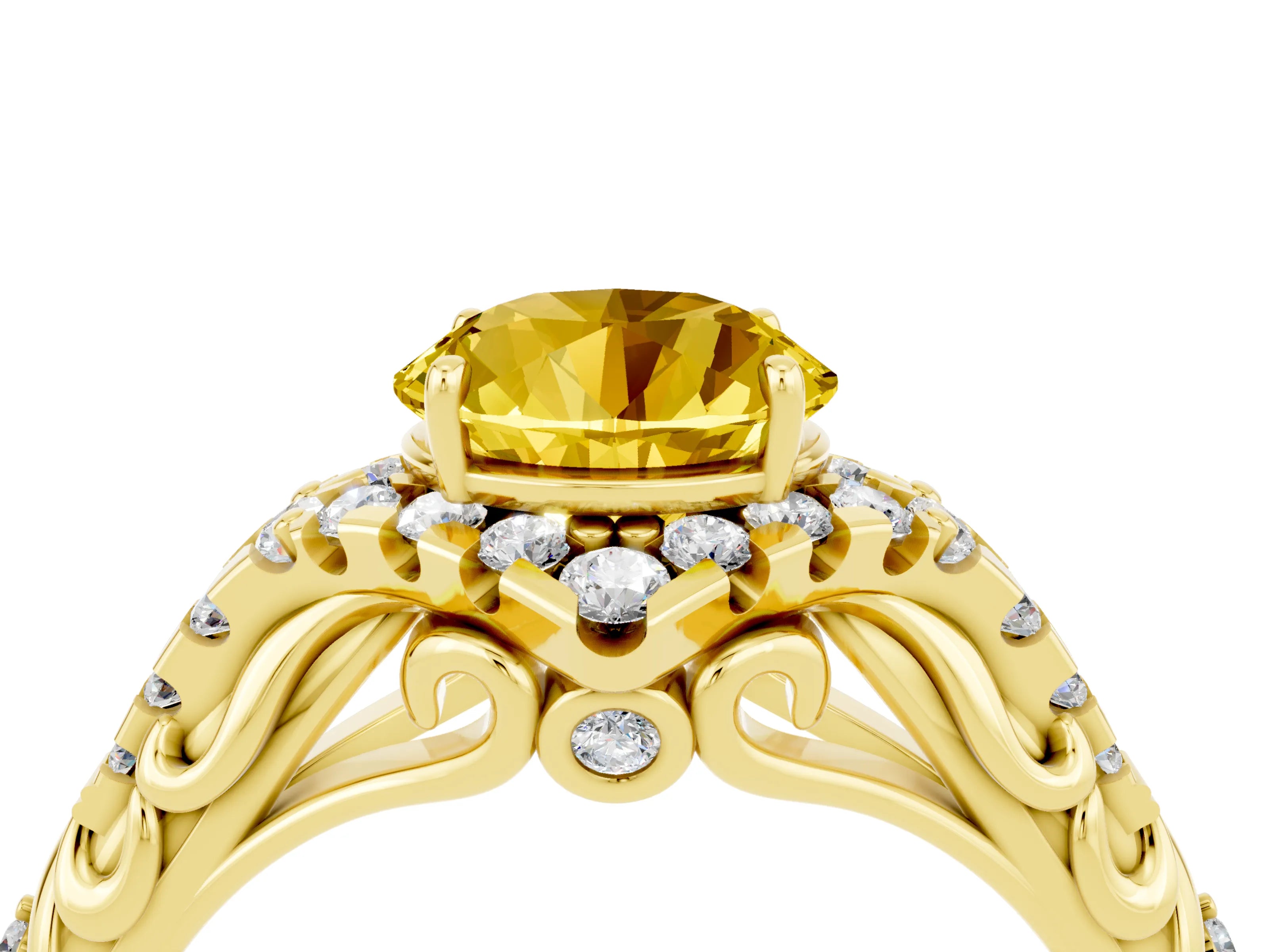 Yellow gold Round Cut Yellow Sapphire Solitaire Ring with Hidden Halo and Pavé Band_16