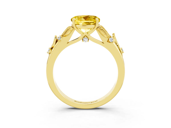 Yellow gold Round Cut Yellow Sapphire Solitaire Ring with Leaf Motif Band and Four-Prong Setting