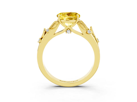 Yellow gold Round Cut Yellow Sapphire Solitaire Ring with Leaf Motif Band and Four-Prong Setting_3