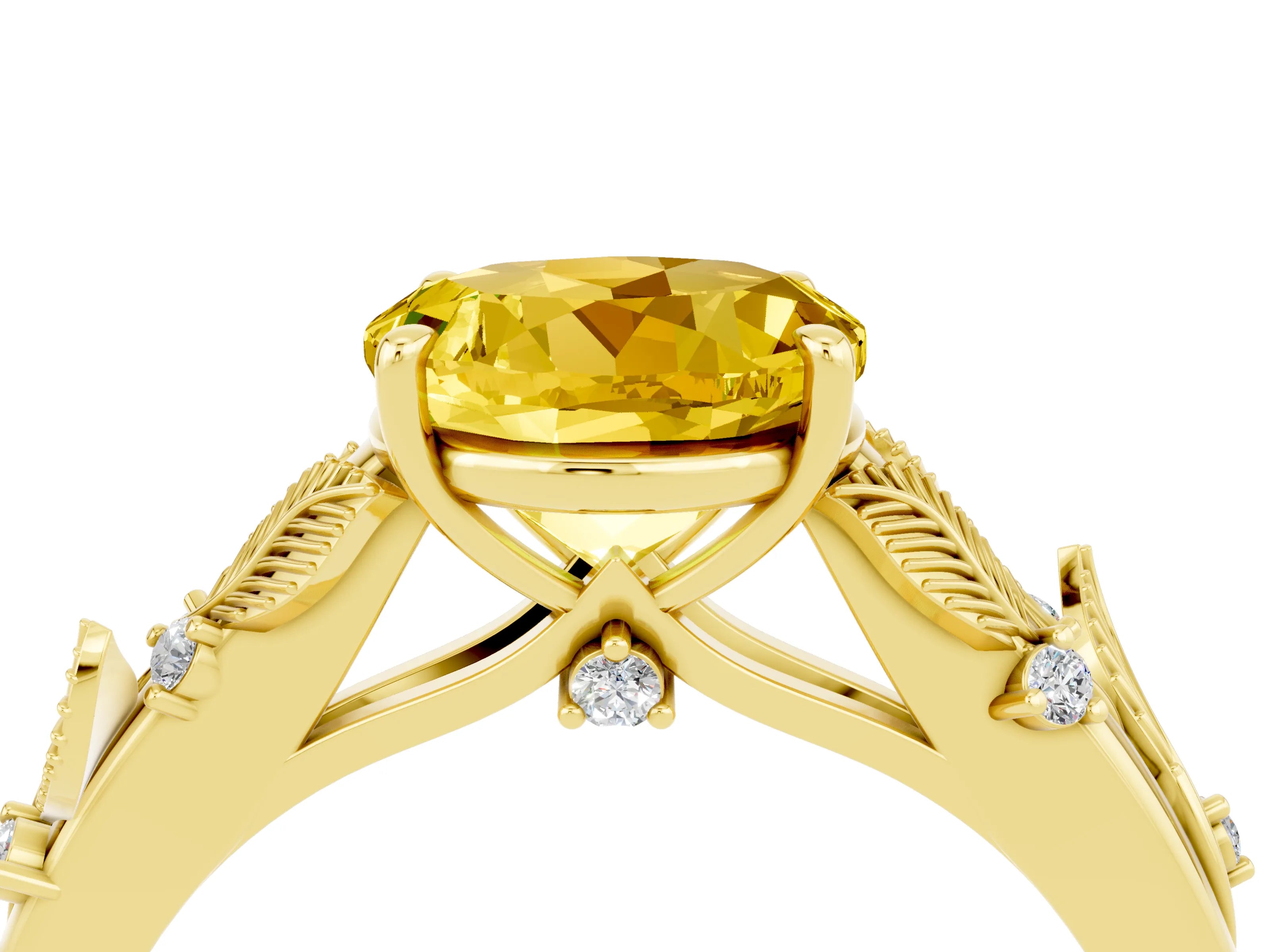 Yellow gold Round Cut Yellow Sapphire Solitaire Ring with Leaf Motif Band and Four-Prong Setting_4