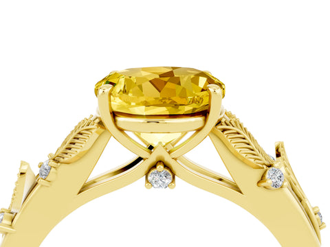 Yellow gold Round Cut Yellow Sapphire Solitaire Ring with Leaf Motif Band and Four-Prong Setting_4