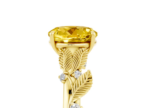 Yellow gold Round Cut Yellow Sapphire Solitaire Ring with Leaf Motif Band and Four-Prong Setting_5
