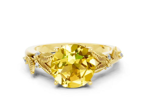 Yellow gold Round Cut Yellow Sapphire Solitaire Ring with Leaf Motif Band and Four-Prong Setting