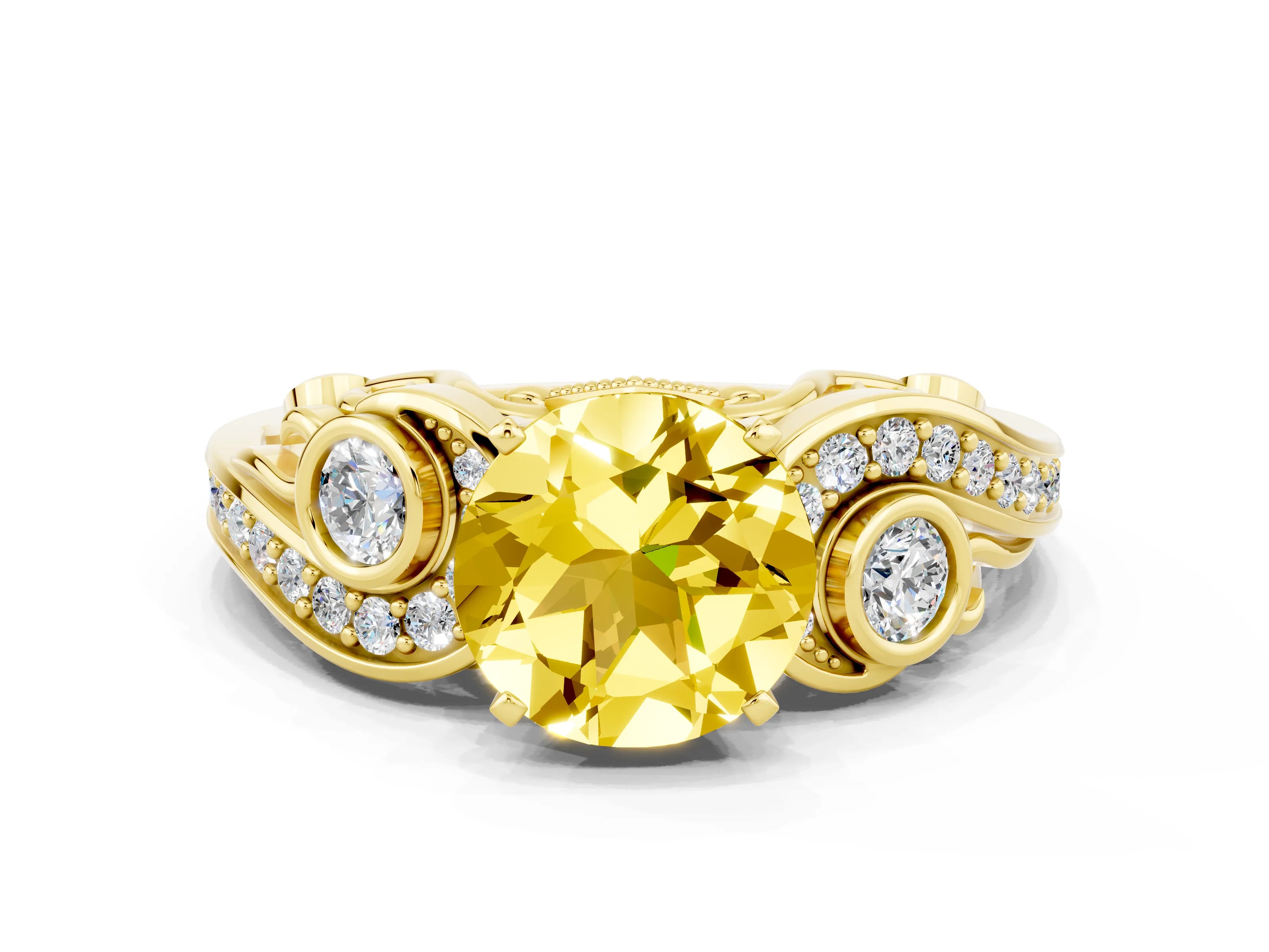Yellow gold Round Cut Yellow Sapphire Solitaire Ring with Milgrain Pavé Band and Four-Prong Setting_24