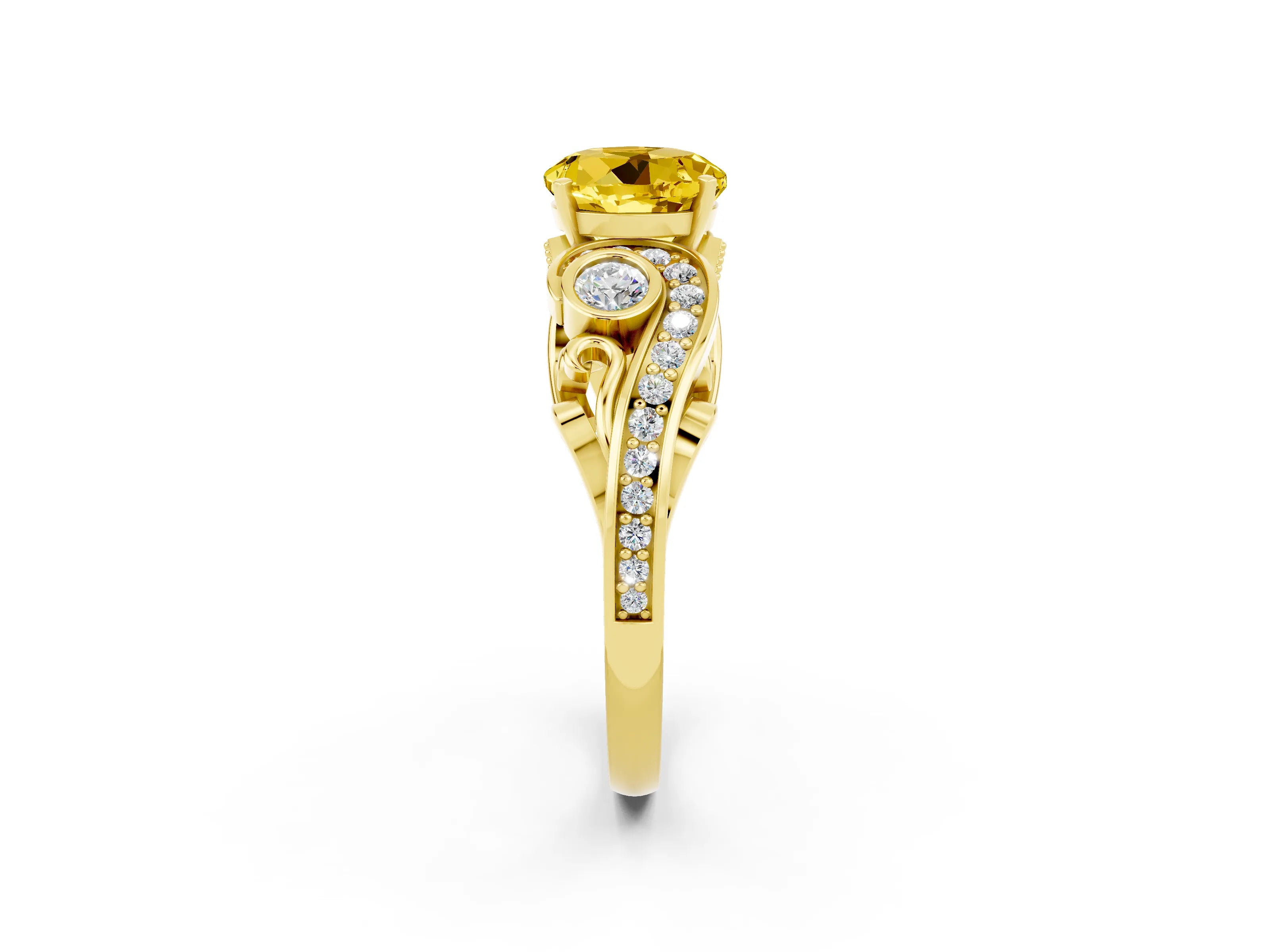 Yellow gold Round Cut Yellow Sapphire Solitaire Ring with Milgrain Pavé Band and Four-Prong Setting_26