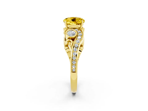 Yellow gold Round Cut Yellow Sapphire Solitaire Ring with Milgrain Pavé Band and Four-Prong Setting_26