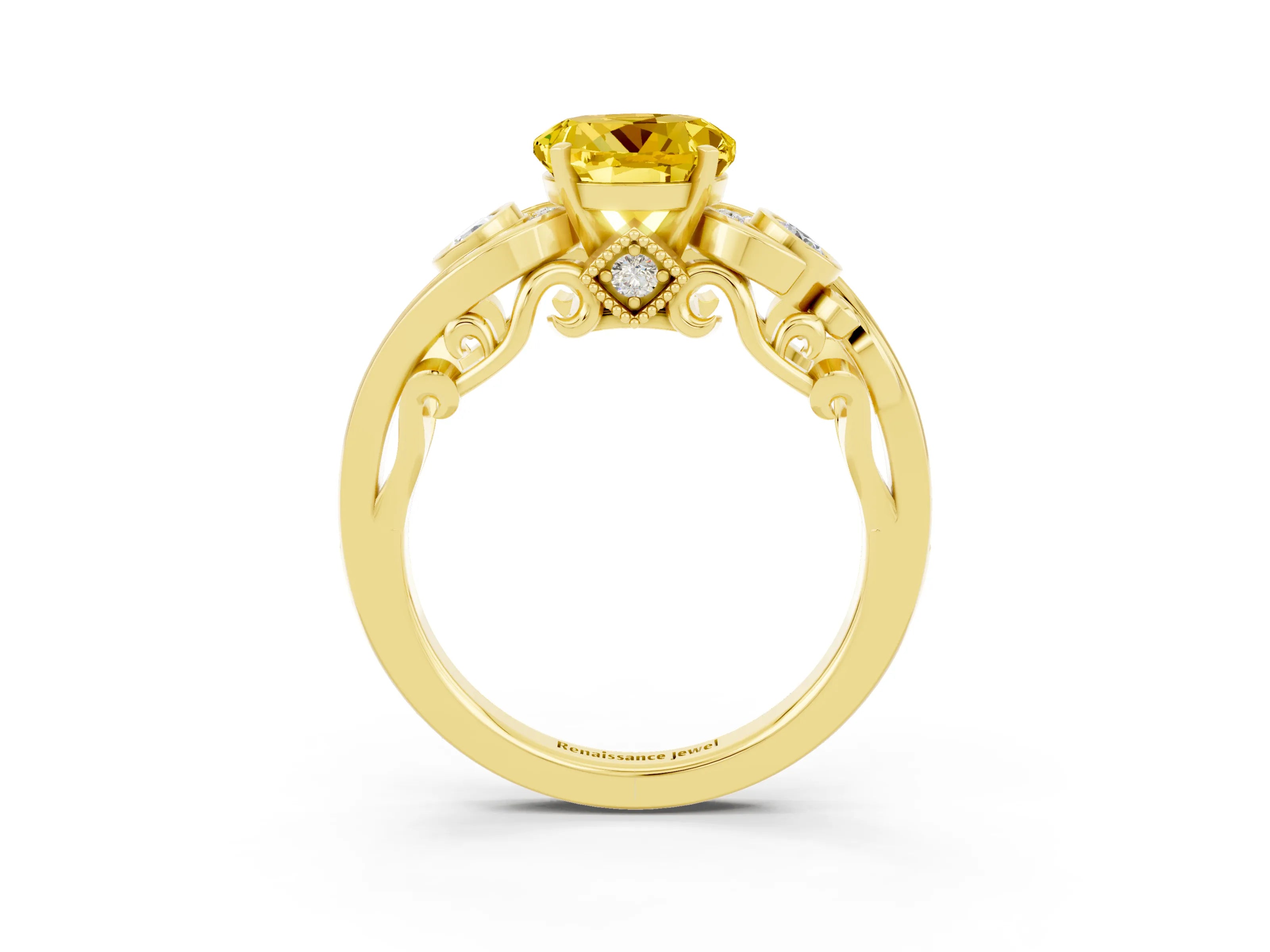 Yellow gold Round Cut Yellow Sapphire Solitaire Ring with Milgrain Pavé Band and Four-Prong Setting_27